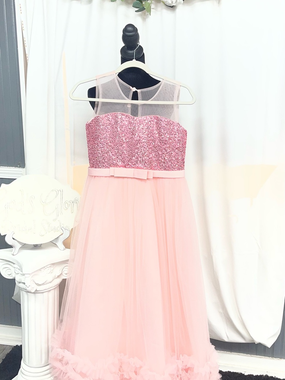 Girls Pink Sequin Tulle Dress with Bow